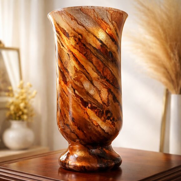 Tall Amber Art Glass Vase with Crystalline Sand Effect14” Statement Decor